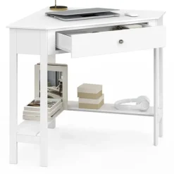 Bureau d'angle gain de place bureau informatique blanc avec rangements et 1 tiroir