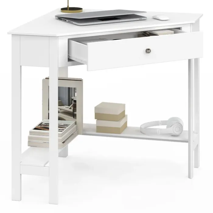 Bureau d'angle gain de place bureau informatique blanc avec rangements et 1 tiroir