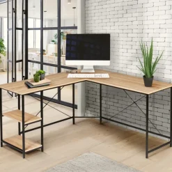 Bureau d’angle industriel avec étagère bois et métal