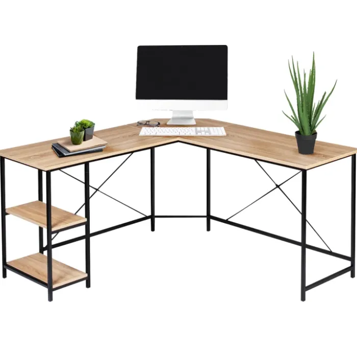 Bureau d’angle industriel avec étagère bois et métal