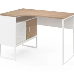 Bureau d’angle industriel métal blanc et bois façon hêtre