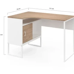 Bureau d’angle industriel métal blanc et bois façon hêtre