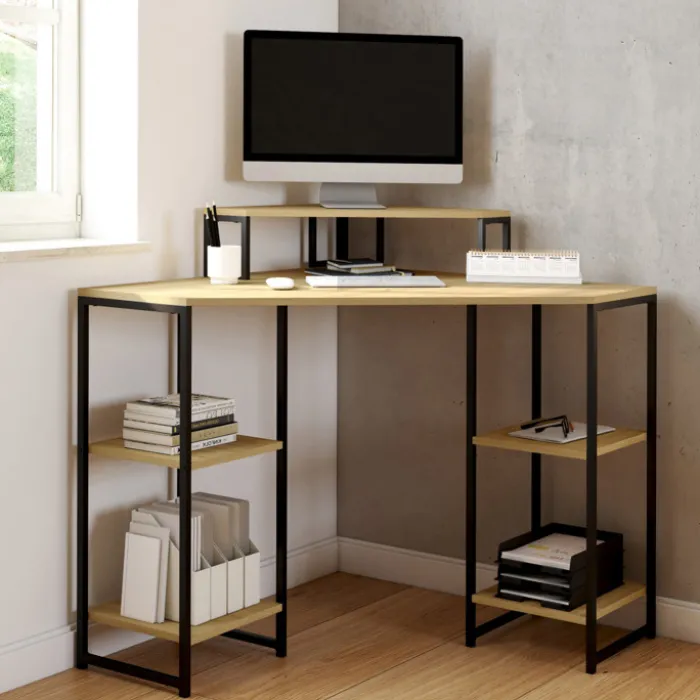 Bureau d'angle industriel avec rangements bois et métal noir