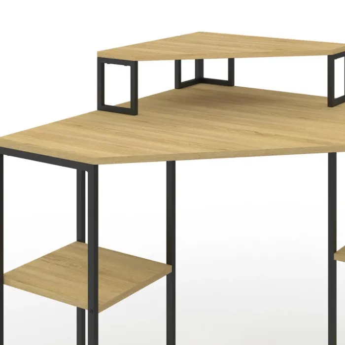 Bureau d'angle industriel avec rangements bois et métal noir