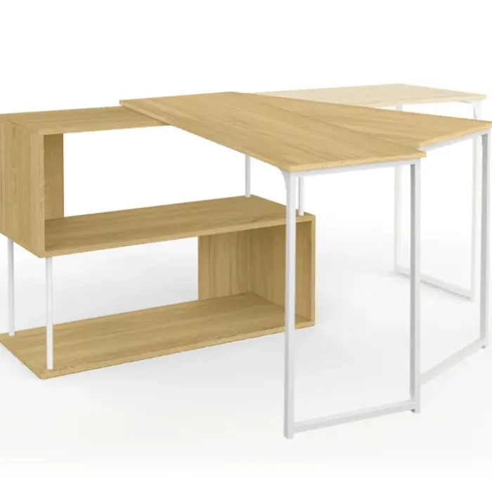 Bureau d'angle rotatif 180° métal blanc et bois