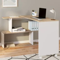 Bureau d'angle rotatif en bois hêtre et blanc