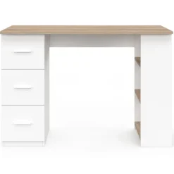 Bureau droit 3 tiroirs avec étagères de rangement blanc et bois