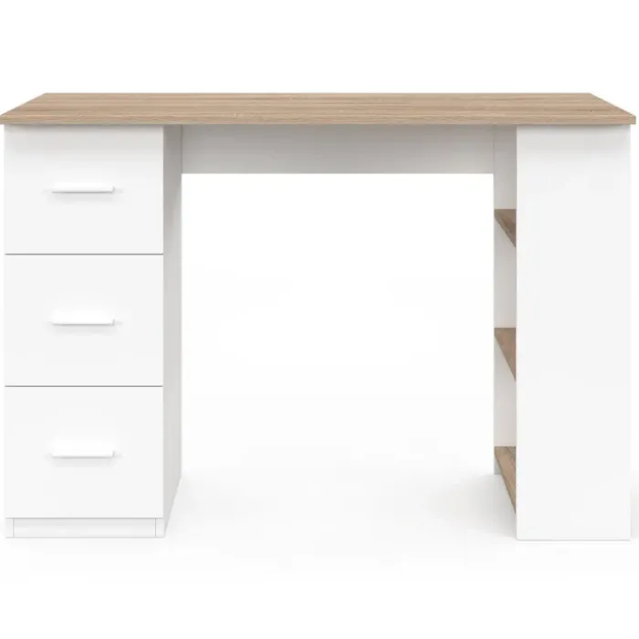 Bureau droit 3 tiroirs avec étagères de rangement blanc et bois