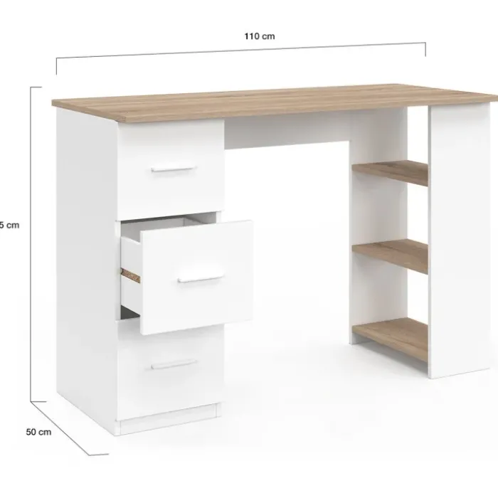 Bureau droit 3 tiroirs avec étagères de rangement blanc et bois