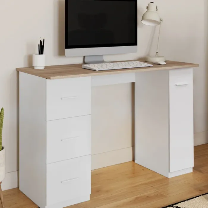 Bureau droit 3 tiroirs et porte placard blanc et bois