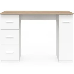 Bureau droit 3 tiroirs et porte placard blanc et bois