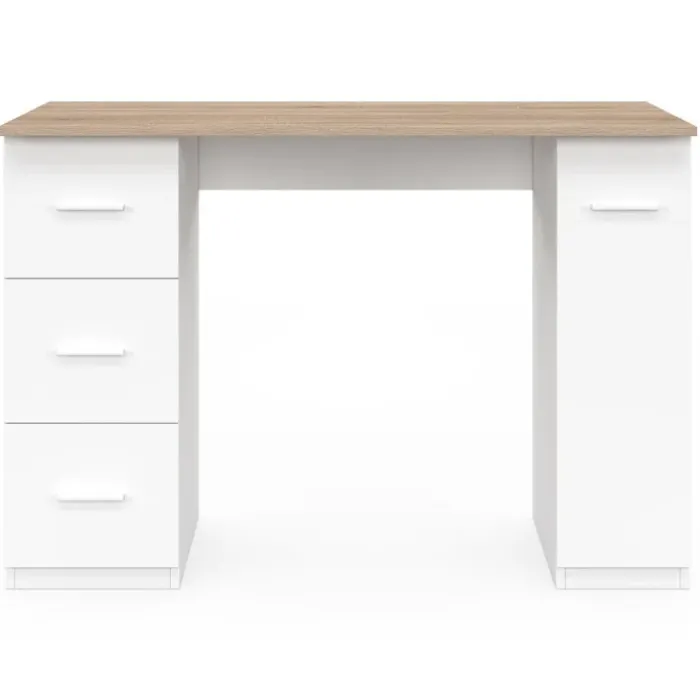Bureau droit 3 tiroirs et porte placard blanc et bois