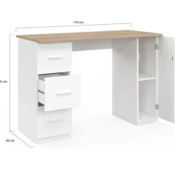 Bureau droit 3 tiroirs et porte placard blanc et bois