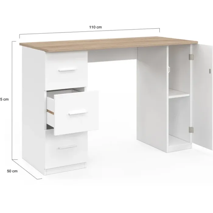 Bureau droit 3 tiroirs et porte placard blanc et bois