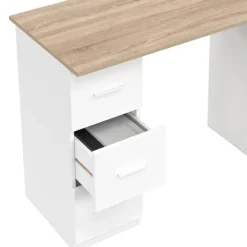 Bureau droit 3 tiroirs et porte placard blanc et bois