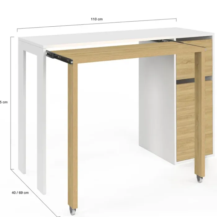 Bureau extensible blanc et bois avec rangements