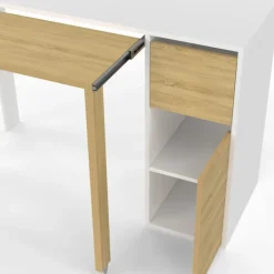 Bureau extensible blanc et bois avec rangements