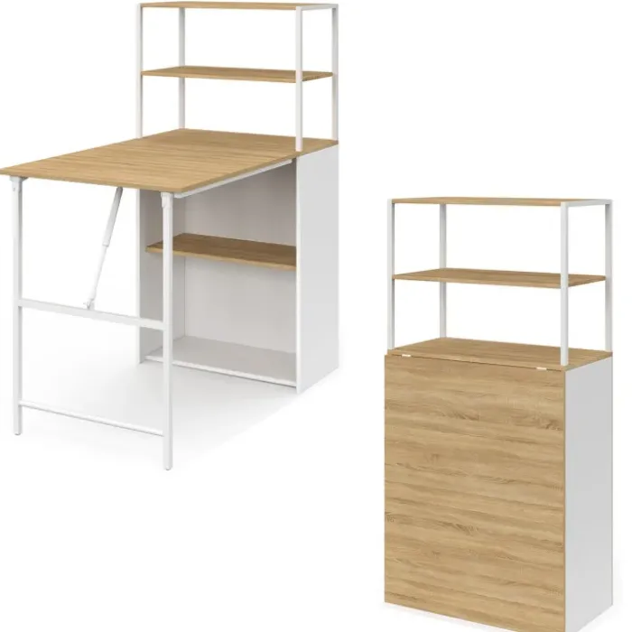 Bureau pliable avec étagères bois façon hêtre et blanc