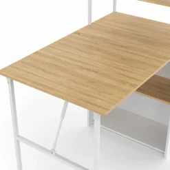 Bureau pliable avec étagères bois façon hêtre et blanc