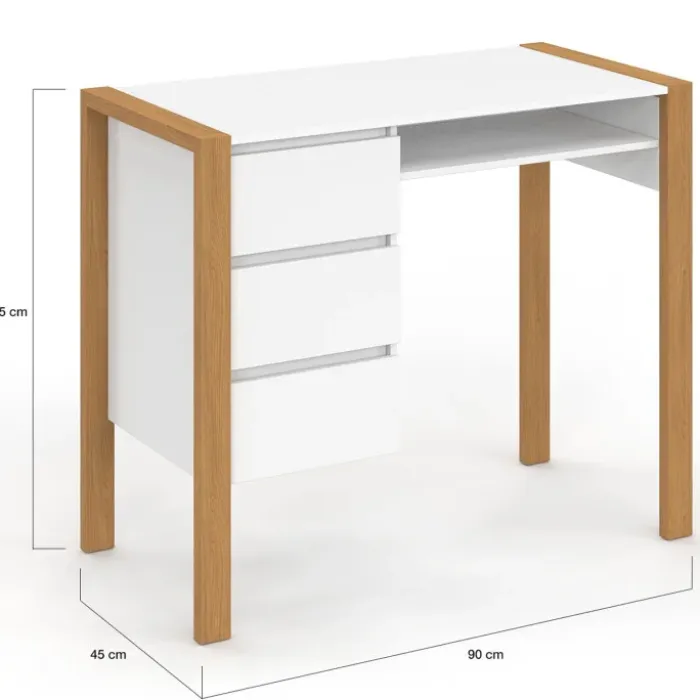 Bureau scandinave blanc et bois avec 3 tiroirs et niche