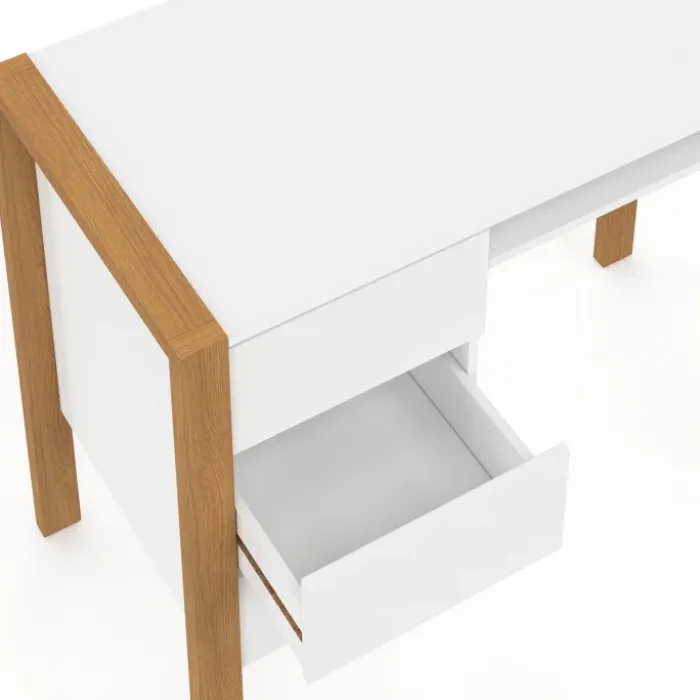 Bureau scandinave blanc et bois avec 3 tiroirs et niche