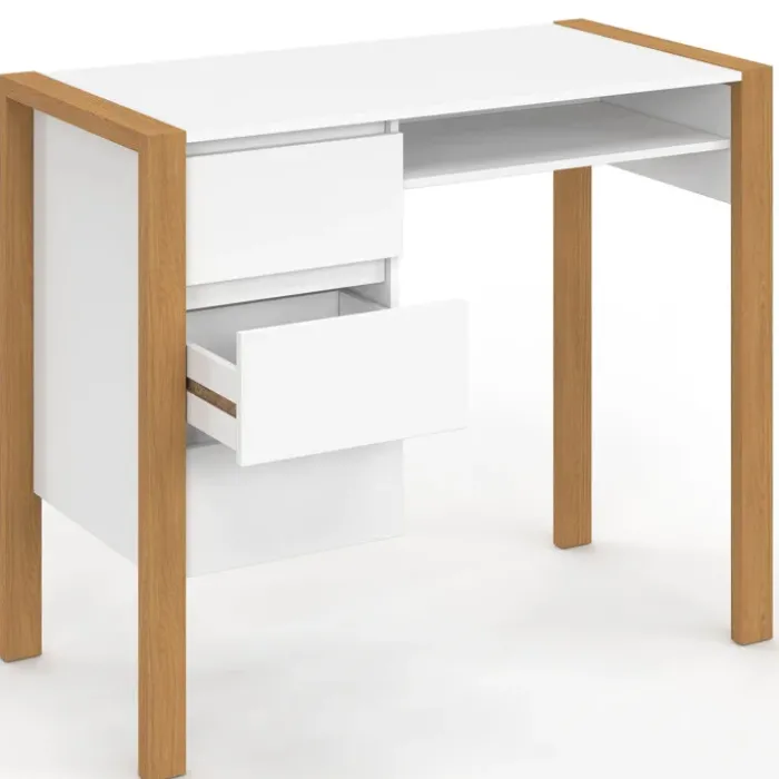 Bureau scandinave blanc et bois avec 3 tiroirs et niche