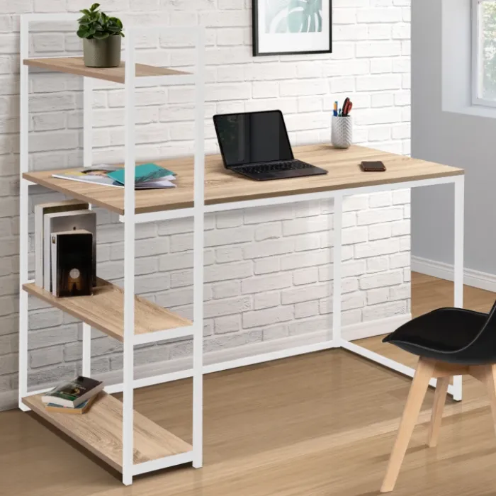 Bureau style industriel en métal blanc et bois avec étagères