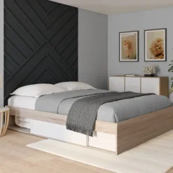 Cadre de lit avec rangements et sommier bois et blanc 160x200 cm
