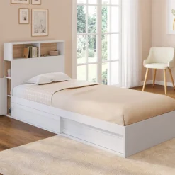 Cadre de lit simple blanc et hêtre 90x190 cm avec tête de lit et rangement