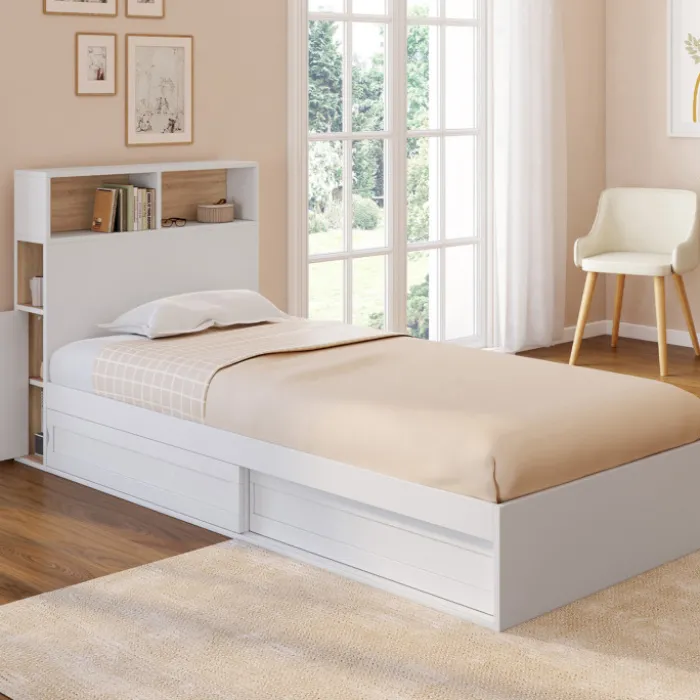 Cadre de lit simple blanc et hêtre 90x190 cm avec tête de lit et rangement