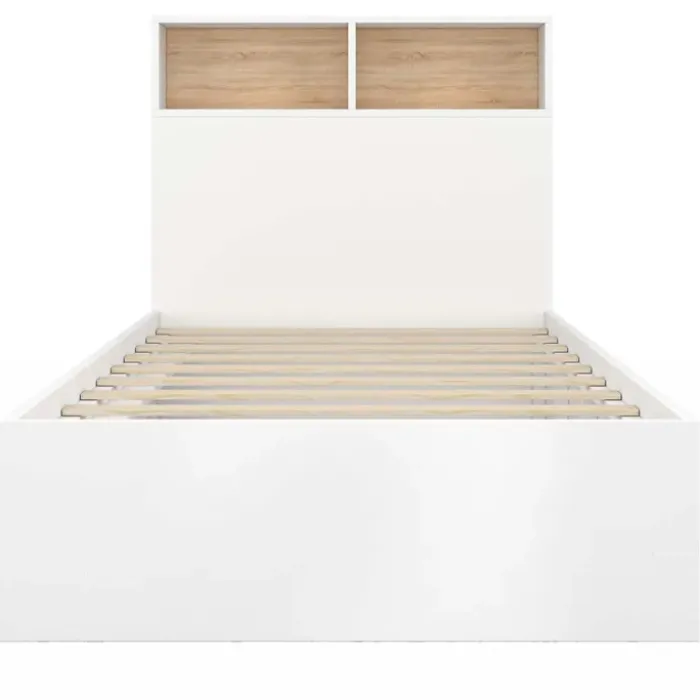 Cadre de lit simple blanc et hêtre 90x190 cm avec tête de lit et rangement