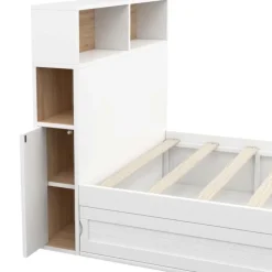 Cadre de lit simple blanc et hêtre 90x190 cm avec tête de lit et rangement