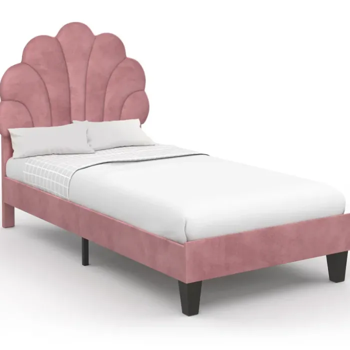 Cadre de lit simple coquillage avec sommier 90 x 190 cm velours rose poudré
