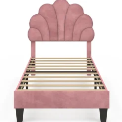 Cadre de lit simple coquillage avec sommier 90 x 190 cm velours rose poudré