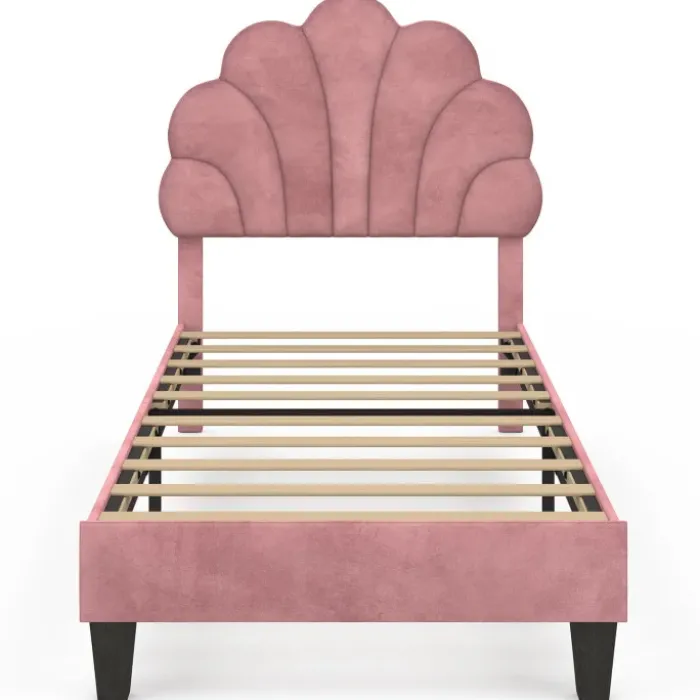 Cadre de lit simple coquillage avec sommier 90 x 190 cm velours rose poudré