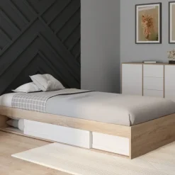 Cadre de lit simple 90x190 cm bois façon hêtre et blanc avec rangement et sommier 10 lattes