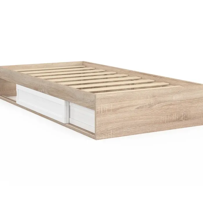 Cadre de lit simple 90x190 cm bois façon hêtre et blanc avec rangement et sommier 10 lattes