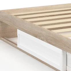 Cadre de lit simple 90x190 cm bois façon hêtre et blanc avec rangement et sommier 10 lattes