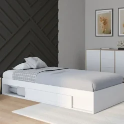 Cadre de lit simple 90x190 cm bois blanc avec rangement