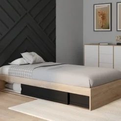 Cadre de lit simple 90x190 cm bois façon hêtre et noir avec rangement et sommier 10 lattes