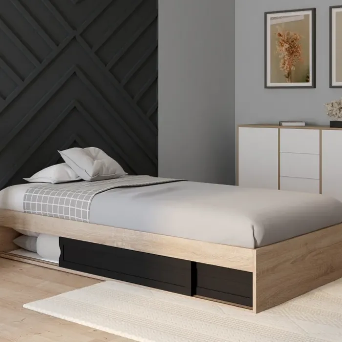 Cadre de lit simple 90x190 cm bois façon hêtre et noir avec rangement et sommier 10 lattes
