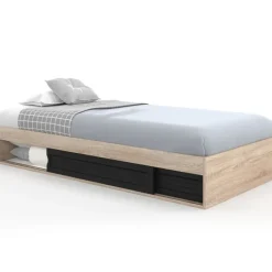 Cadre de lit simple 90x190 cm bois façon hêtre et noir avec rangement et sommier 10 lattes