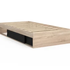 Cadre de lit simple 90x190 cm bois façon hêtre et noir avec rangement et sommier 10 lattes