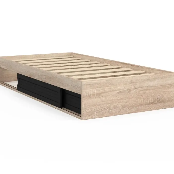 Cadre de lit simple 90x190 cm bois façon hêtre et noir avec rangement et sommier 10 lattes