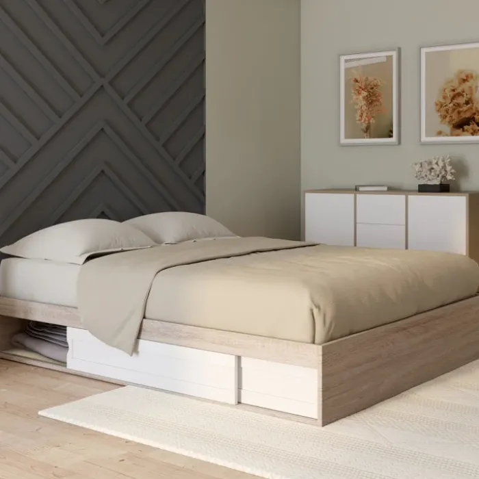 Cadre de lit 140x190 cm avec sommier et rangements blanc et bois