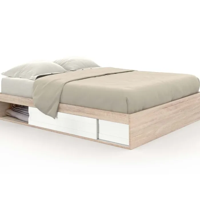 Cadre de lit 140x190 cm avec sommier et rangements blanc et bois
