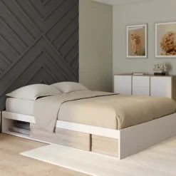 Cadre de lit 140x190 cm avec sommier et rangements blanc et bois façon hêtre