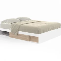 Cadre de lit 140x190 cm avec sommier et rangements blanc et bois façon hêtre