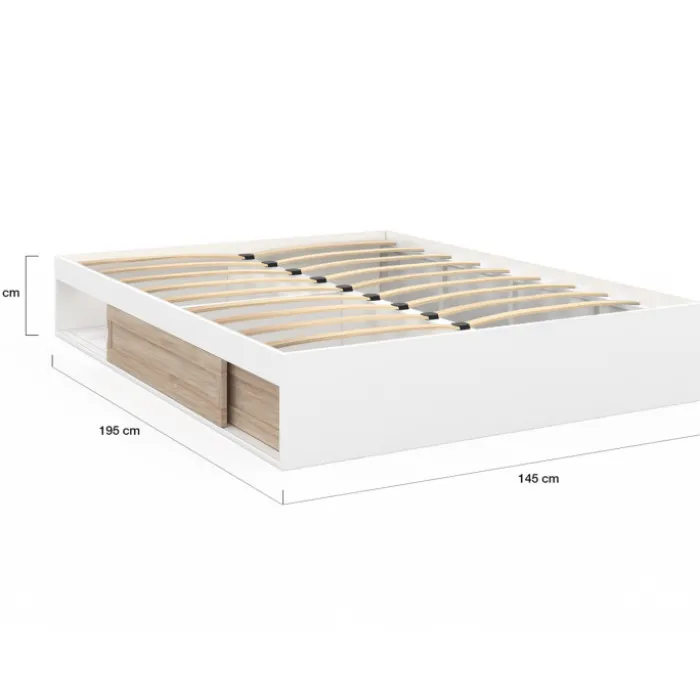 Cadre de lit 140x190 cm avec sommier et rangements blanc et bois façon hêtre