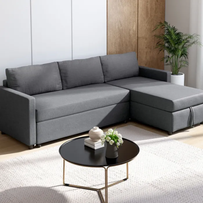 Canapé avec méridienne convertible en tissu gris anthracite